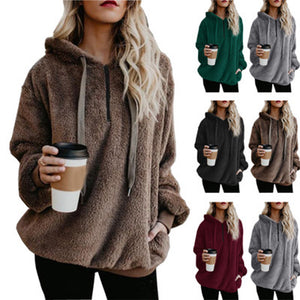 Hooded Plush Sweater Women Loose Zipper Top