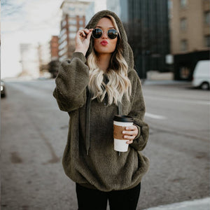 Hooded Plush Sweater Women Loose Zipper Top